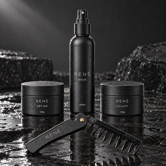 RENÉ The Complete Set: WAVE 250ml, DEFINE 100g, SCULPT 100g and FORM comb, on stone
