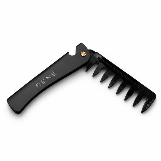 RENÉ FORM black folding wide tooth styling comb opened